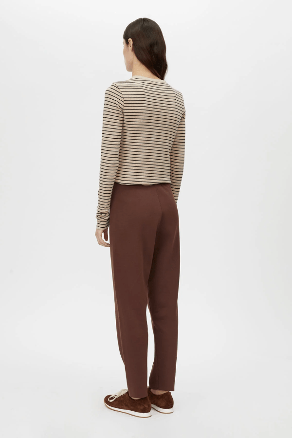 Lyndon Knit Pant Chocolate by Camilla and Marc, slim-leg knit pants with ribbed waistband and drawcords, pin stitch detail, perfect for polished casual looks.