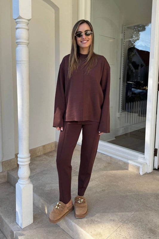 Lyndon Knit Pant Chocolate by Camilla and Marc, slim-leg knit pants with ribbed waistband and drawcords, pin stitch detail, perfect for polished casual looks.