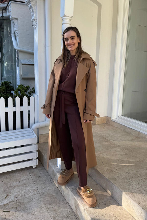 Lyndon Knit Pant Chocolate by Camilla and Marc, slim-leg knit pants with ribbed waistband and drawcords, pin stitch detail, perfect for polished casual looks.