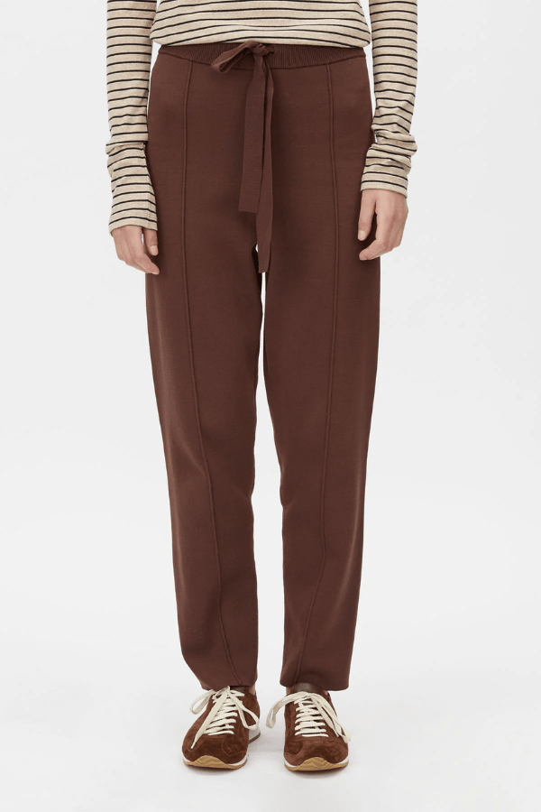 Lyndon Knit Pant Chocolate by Camilla and Marc, slim-leg knit pants with ribbed waistband and drawcords, pin stitch detail, perfect for polished casual looks.