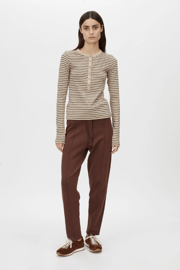 Lyndon Knit Pant Chocolate by Camilla and Marc, slim-leg knit pants with ribbed waistband and drawcords, pin stitch detail, perfect for polished casual looks.