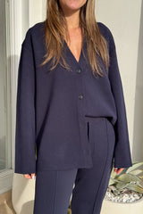 Lyndon Knit Pant Navy by Camilla and Marc, soft knit pant with slim leg, ribbed waistband with drawcords, and signature pin stitch detailing for a polished fit.