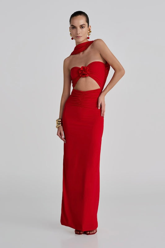 Mullet Maxi Dress Red by Maygel Coronel – A ruched, open-back maxi with 3D floral and versatile straps you can style multiple ways.