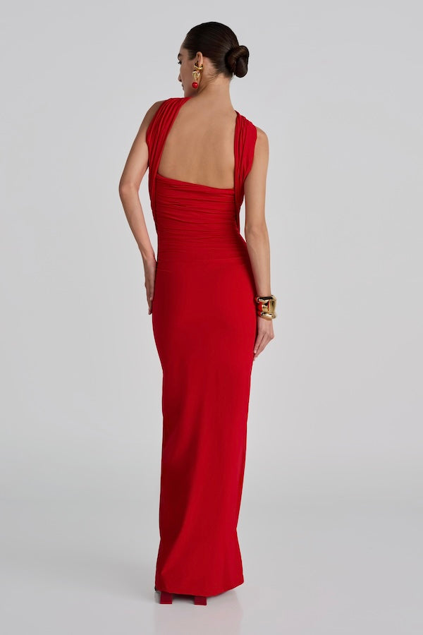 Mullet Maxi Dress Red by Maygel Coronel – A ruched, open-back maxi with 3D floral and versatile straps you can style multiple ways.