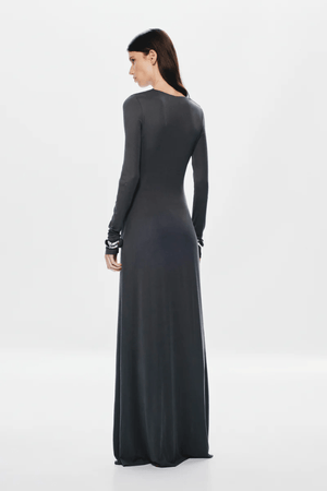 The 'Jennifer' Long Sleeve Dress Vulcan by MISHA, floor-length jersey dress with plunge neckline, adjustable U-wire, ruched sleeves, gathered waist, dry clean only.