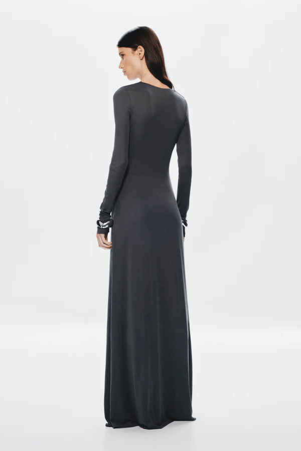 Sisal Dress Port by Misha, asymmetrical maxi dress in port mesh, twisted off-shoulder neckline, gathered waist with floor-length sash, body-skimming silhouette, dry clean only.