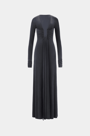 The 'Jennifer' Long Sleeve Dress Vulcan by MISHA, floor-length jersey dress with plunge neckline, adjustable U-wire, ruched sleeves, gathered waist, dry clean only.