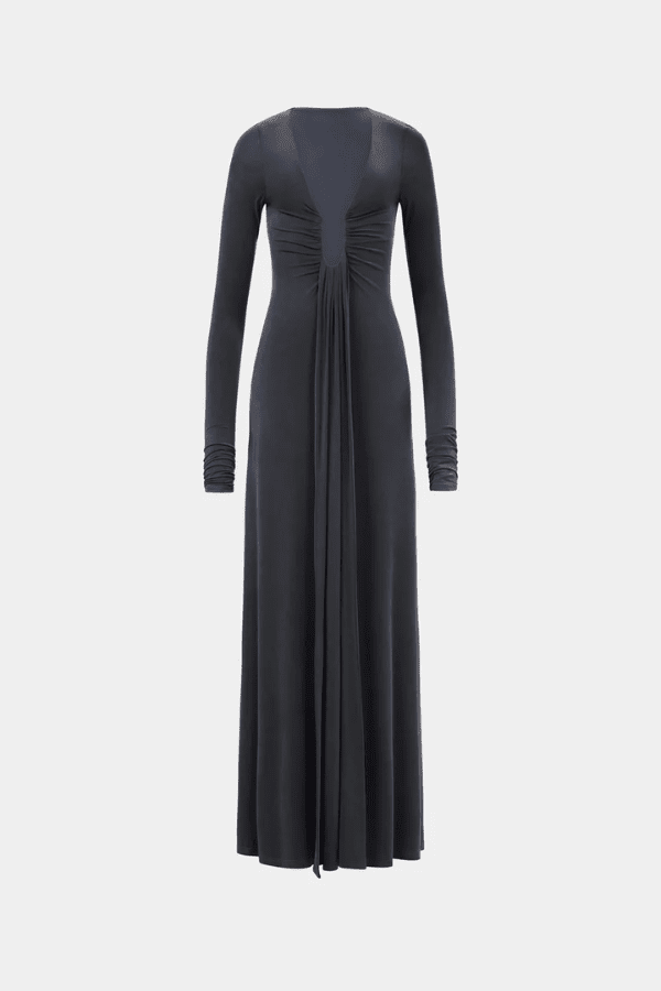 The 'Jennifer' Long Sleeve Dress Vulcan by MISHA, floor-length jersey dress with plunge neckline, adjustable U-wire, ruched sleeves, gathered waist, dry clean only.