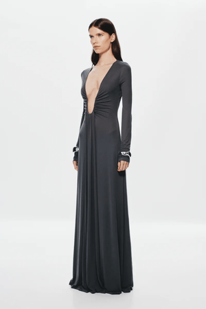 The 'Jennifer' Long Sleeve Dress Vulcan by MISHA, floor-length jersey dress with plunge neckline, adjustable U-wire, ruched sleeves, gathered waist, dry clean only.