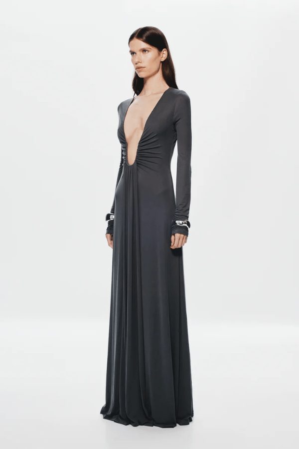 The 'Jennifer' Long Sleeve Dress Vulcan by MISHA, floor-length jersey dress with plunge neckline, adjustable U-wire, ruched sleeves, gathered waist, dry clean only.