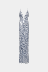 The 'Sapphire' Maxi Dress Dove Grey by MISHA, sequin maxi with plunging V-neckline, bust cutout, daring low back, body-con fit with volume at hem, dry clean only.