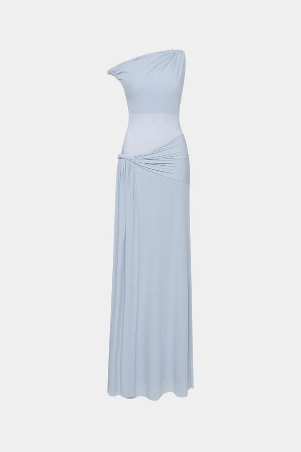 Sisal Dress Dove by MISHA, asymmetrical maxi dress in dove mesh, twisted off-shoulder neckline, gathered waist with floor-length sash, body-skimming silhouette, dry clean only.
