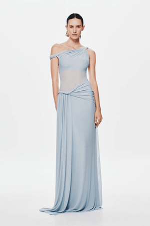 Sisal Dress Dove by MISHA, asymmetrical maxi dress in dove mesh, twisted off-shoulder neckline, gathered waist with floor-length sash, body-skimming silhouette, dry clean only.
