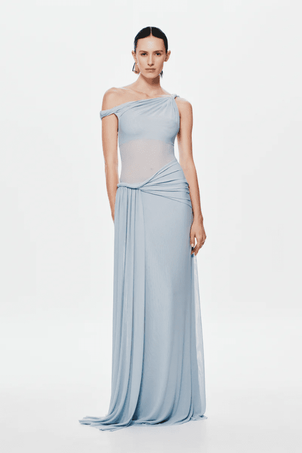 Sisal Dress Dove by MISHA, asymmetrical maxi dress in dove mesh, twisted off-shoulder neckline, gathered waist with floor-length sash, body-skimming silhouette, dry clean only.