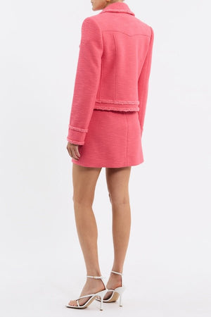 Montana Jacket Rose by Rebecca Vallance – Chic cropped boxy jacket in pink boucle with braided trims, shoulder pads, fitted sleeves, front pockets, and hook & eye closure.