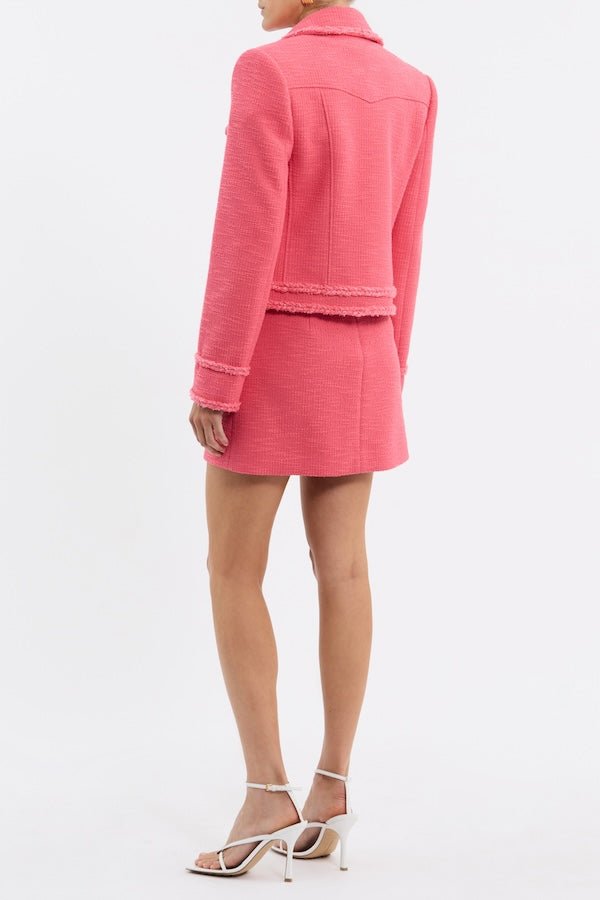Montana Jacket Rose by Rebecca Vallance – Chic cropped boxy jacket in pink boucle with braided trims, shoulder pads, fitted sleeves, front pockets, and hook & eye closure.