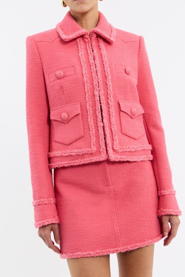 Montana Jacket Rose by Rebecca Vallance – Chic cropped boxy jacket in pink boucle with braided trims, shoulder pads, fitted sleeves, front pockets, and hook & eye closure.