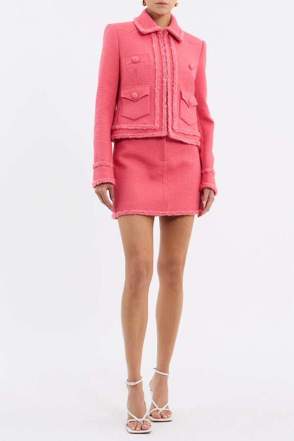Montana Jacket Rose by Rebecca Vallance – Chic cropped boxy jacket in pink boucle with braided trims, shoulder pads, fitted sleeves, front pockets, and hook & eye closure.