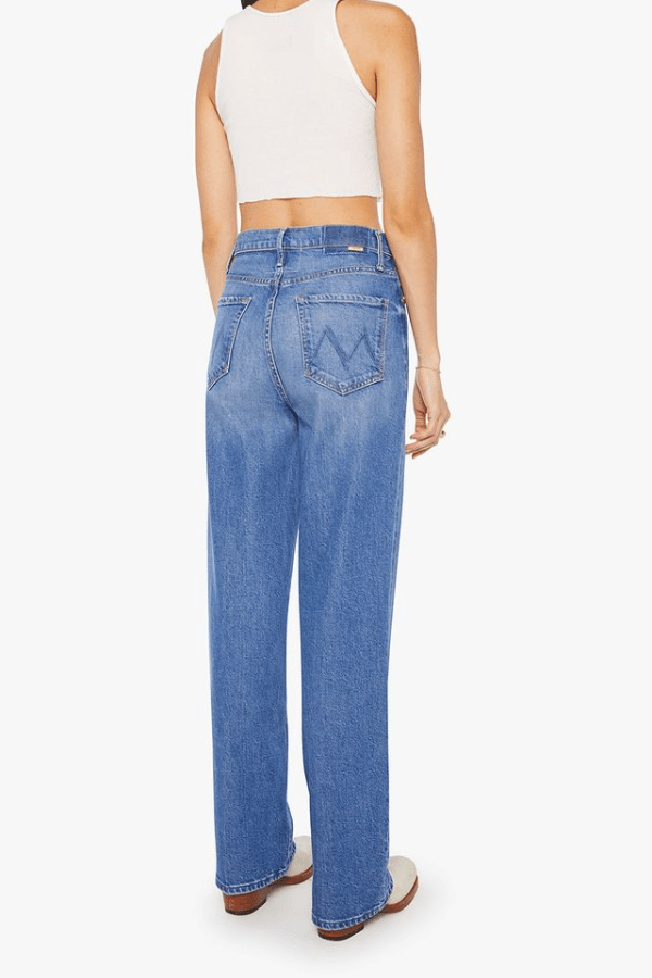 High Waisted Tunnel Vision Sneak Field Trip by MOTHER, mid-blue straight leg jeans in semi-rigid denim with a soft vintage fade. Perfect for daily wear.