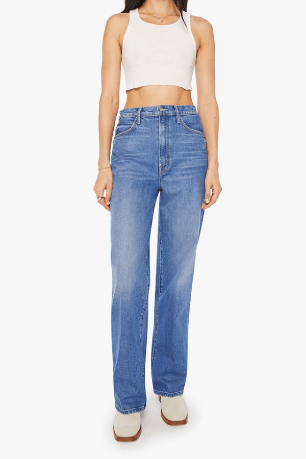 High Waisted Tunnel Vision Sneak Field Trip by MOTHER, mid-blue straight leg jeans in semi-rigid denim with a soft vintage fade. Perfect for daily wear.