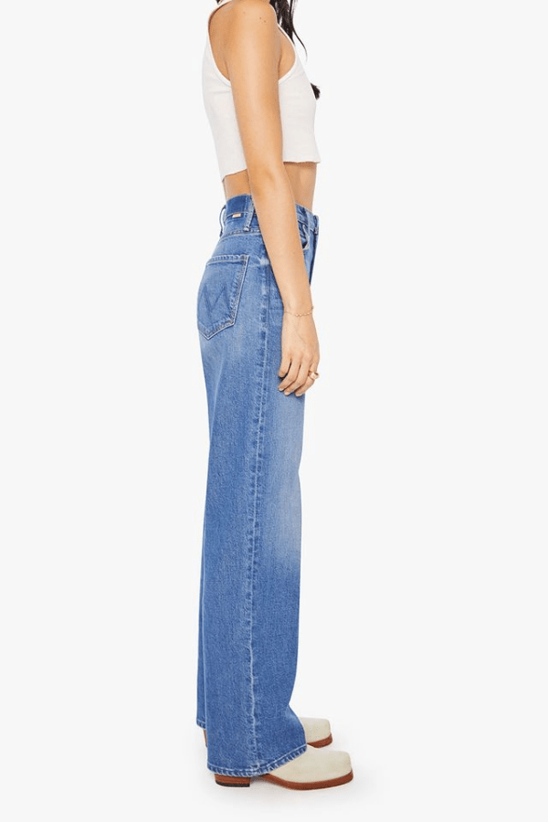 High Waisted Tunnel Vision Sneak Field Trip by MOTHER, mid-blue straight leg jeans in semi-rigid denim with a soft vintage fade. Perfect for daily wear.