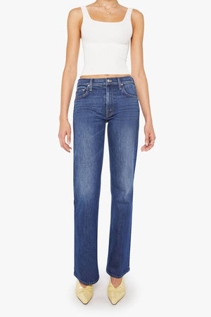 MOTHER The Bookie Sneak in Perfectly Imperfect, a high-rise bootcut jean in semi-rigid SUPERIOR denim with a clean hem and rich dark blue wash.