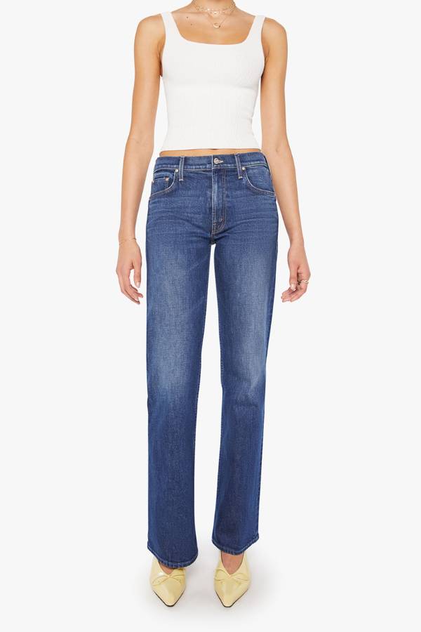 MOTHER The Bookie Sneak in Perfectly Imperfect, a high-rise bootcut jean in semi-rigid SUPERIOR denim with a clean hem and rich dark blue wash.