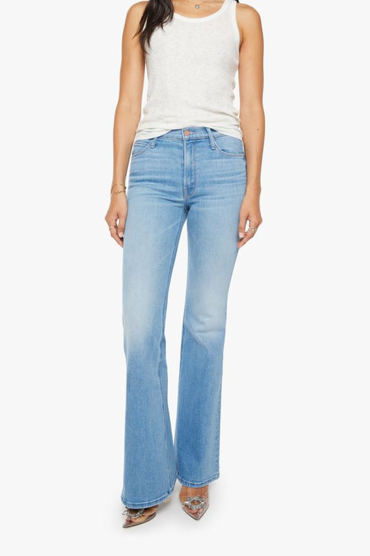 MOTHER The Doozy Room Service jeans, light wash flare denim with high rise fit and vintage inspired silhouette, everyday jeans for casual styling.