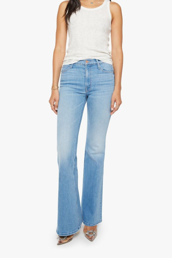 MOTHER The Doozy Room Service jeans, light wash flare denim with high rise fit and vintage inspired silhouette, everyday jeans for casual styling.