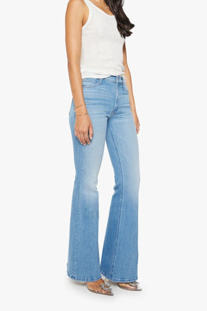 MOTHER The Doozy Room Service jeans, light wash flare denim with high rise fit and vintage inspired silhouette, everyday jeans for casual styling.