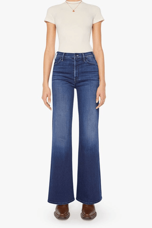 The Hustler Roller Sneak Homecoming High by MOTHER, high-rise wide-leg jeans in dark stretch denim with clean hem. Perfect for vintage-inspired looks.