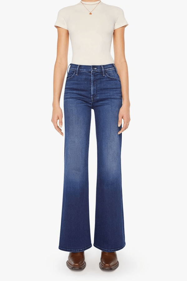 The Hustler Roller Sneak Homecoming High by MOTHER, high-rise wide-leg jeans in dark stretch denim with clean hem. Perfect for vintage-inspired looks.