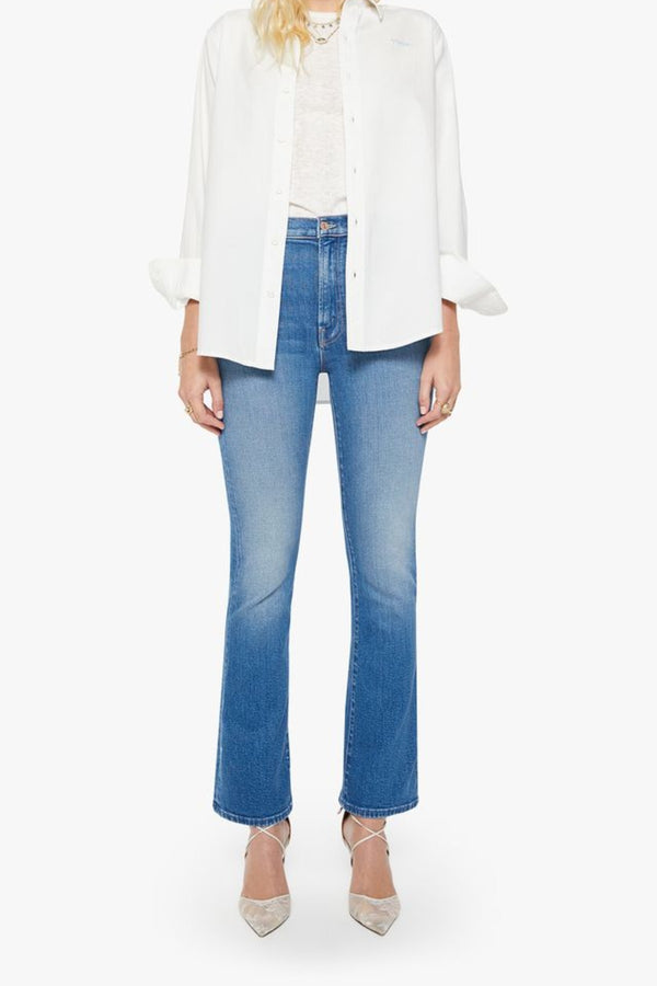 MOTHER The Hustler Skimp Kissing The Caddy jeans, mid wash flare denim with high rise fit and cropped silhouette, versatile jeans for everyday styling.