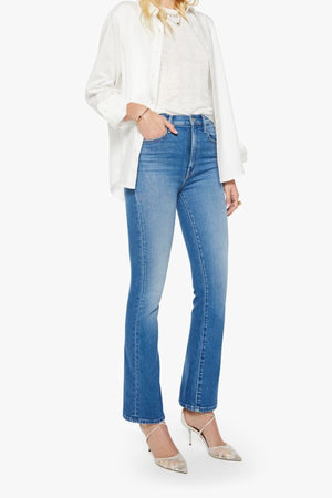 MOTHER The Hustler Skimp Kissing The Caddy jeans, mid wash flare denim with high rise fit and cropped silhouette, versatile jeans for everyday styling.