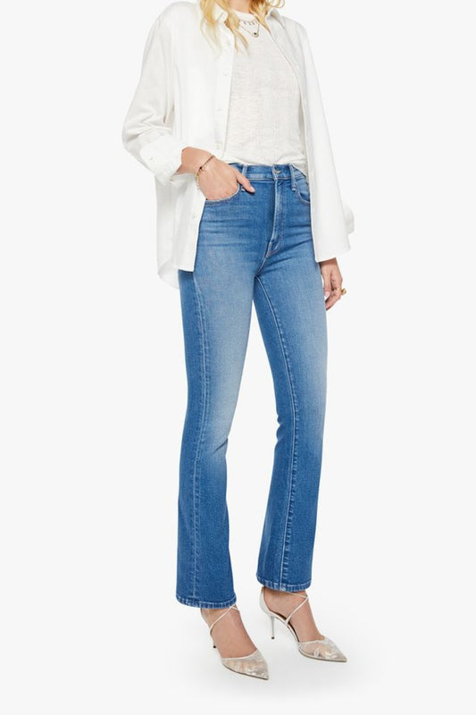 MOTHER The Hustler Skimp Kissing The Caddy jeans, mid wash flare denim with high rise fit and cropped silhouette, versatile jeans for everyday styling.