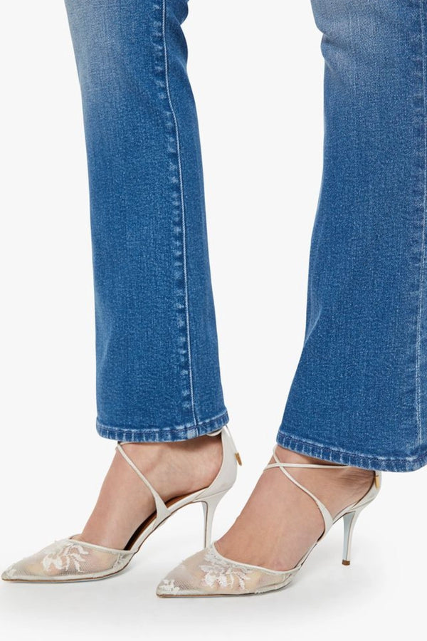MOTHER The Hustler Skimp Kissing The Caddy jeans, mid wash flare denim with high rise fit and cropped silhouette, versatile jeans for everyday styling.