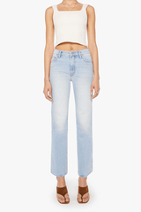 The Kick It Go Long by MOTHER, high-rise straight jeans in light blue semi-rigid denim with fading. Perfect for everyday vintage-inspired style.