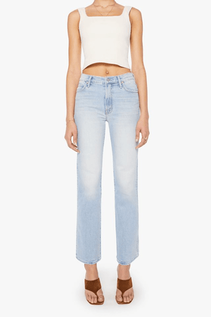 The Kick It Go Long by MOTHER, high-rise straight jeans in light blue semi-rigid denim with fading. Perfect for everyday vintage-inspired style.