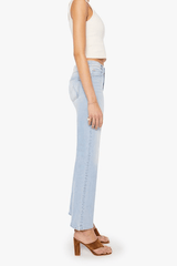 The Kick It Go Long by MOTHER, high-rise straight jeans in light blue semi-rigid denim with fading. Perfect for everyday vintage-inspired style.