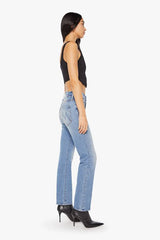 MOTHER The Mid Rise Hiker Hover in Fight For Your Right, a slim straight-leg jean with a mid-rise fit in a mid-blue wash with clean hem.