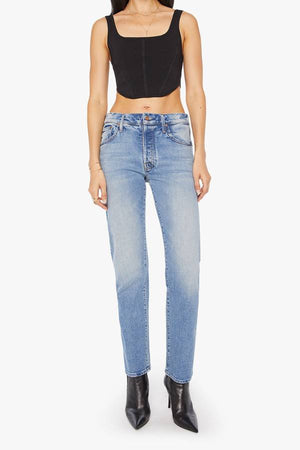 MOTHER The Mid Rise Hiker Hover in Fight For Your Right, a slim straight-leg jean with a mid-rise fit in a mid-blue wash with clean hem.