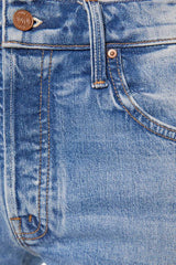 MOTHER The Mid Rise Hiker Hover in Fight For Your Right, a slim straight-leg jean with a mid-rise fit in a mid-blue wash with clean hem.
