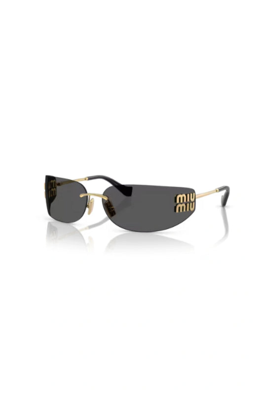 MU A51S Gold W/ Dark Grey by Miu Miu – rimless wraparound rectangle sunglasses with gold metal temples and dark grey logo lenses.
