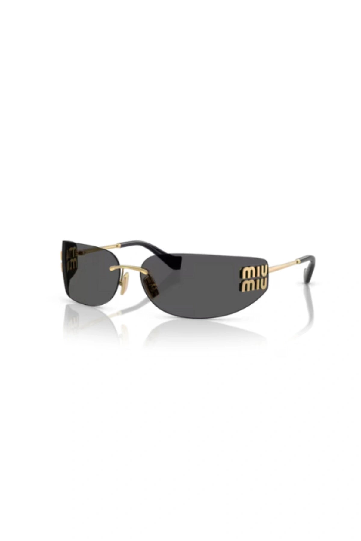 MU A51S Gold W/ Dark Grey by Miu Miu – rimless wraparound rectangle sunglasses with gold metal temples and dark grey logo lenses.
