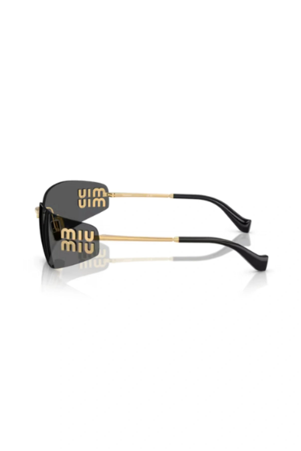 MU A51S Gold W/ Dark Grey by Miu Miu – rimless wraparound rectangle sunglasses with gold metal temples and dark grey logo lenses.
