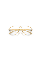 MU A56S Glasses by Miu Miu, gold rectangular metal frames with clear blue-violet light filter lenses. Perfect for sleek everyday wear.