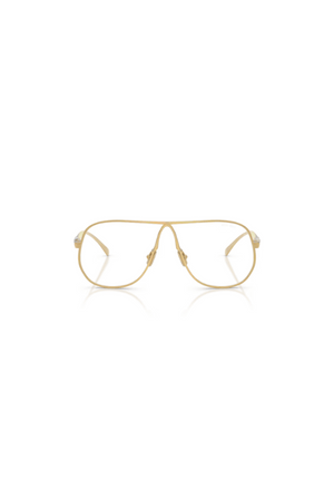 MU A56S Glasses by Miu Miu, gold rectangular metal frames with clear blue-violet light filter lenses. Perfect for sleek everyday wear.