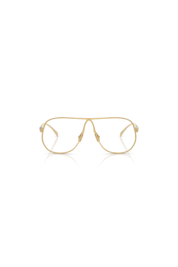 MU A56S Glasses by Miu Miu, gold rectangular metal frames with clear blue-violet light filter lenses. Perfect for sleek everyday wear.