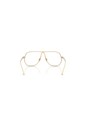MU A56S Glasses by Miu Miu, gold rectangular metal frames with clear blue-violet light filter lenses. Perfect for sleek everyday wear.