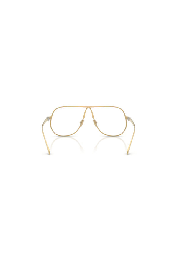 MU A56S Glasses by Miu Miu, gold rectangular metal frames with clear blue-violet light filter lenses. Perfect for sleek everyday wear.